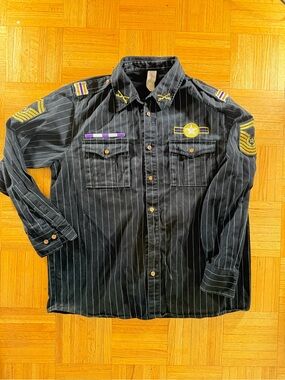 Men's Black Pinstripe Casual Button-Down Shirt with Embroidered Patches